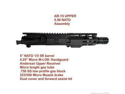 AR15 5'' 5.56 NATO 1:5 Twist Nitride Pistol Upper Assembly 4.25'' handguard