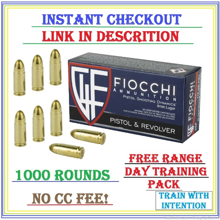Fiocchi Brass 9mm 115 grain FMJ 1000 rounds (FREE RANGE DAY TRAINING PACK!)-img-0