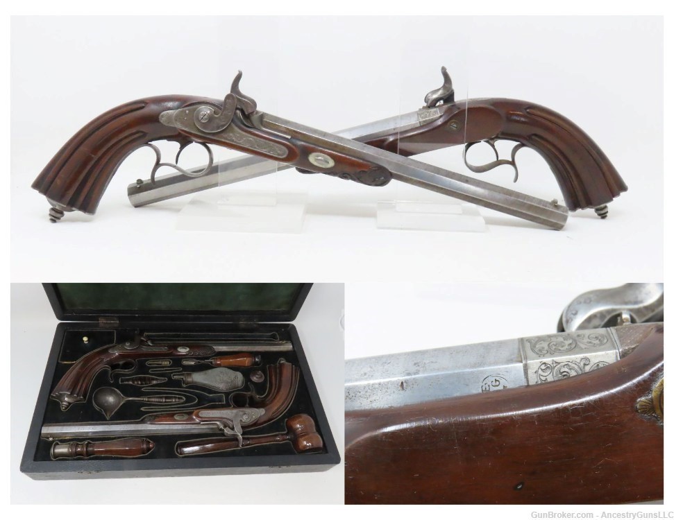 Antique CASED PAIR of ENGRAVED Belgian Percussion Pistols Fitted Case-img-0