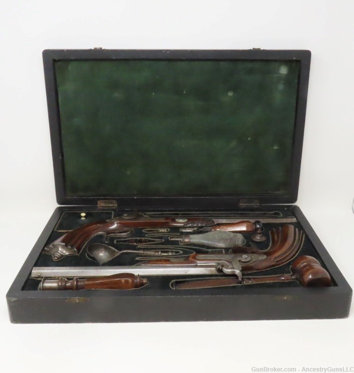 Antique CASED PAIR of ENGRAVED Belgian Percussion Pistols Fitted Case-img-1