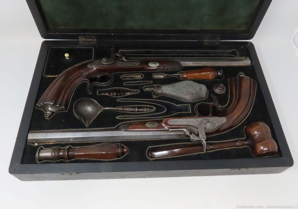 Antique CASED PAIR of ENGRAVED Belgian Percussion Pistols Fitted Case-img-3