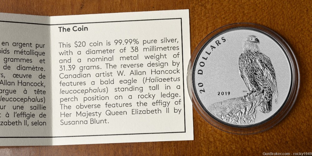 2019 -Canada $20 - 1 oz .9999 silver Valiant Eagle coin-img-2