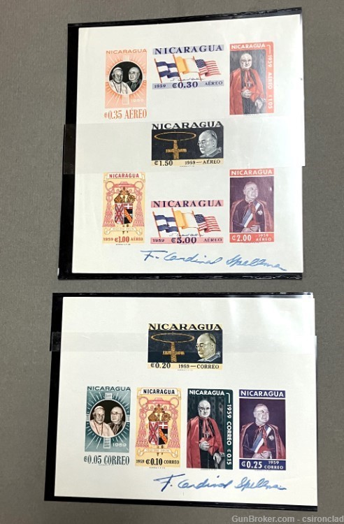 Commemorative stamps 2 plates Cardinal Spellman Nicaragua autographed -img-0