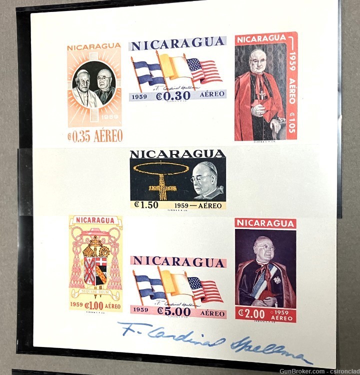 Commemorative stamps 2 plates Cardinal Spellman Nicaragua autographed -img-2