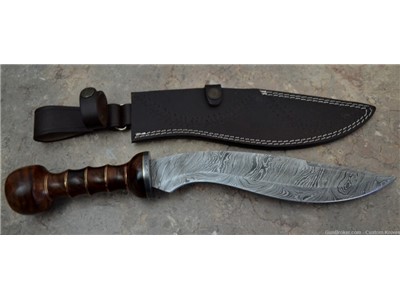 Custom Made Damascus Steel Hunting Kukri With Rose Wood Handle (BK 11)