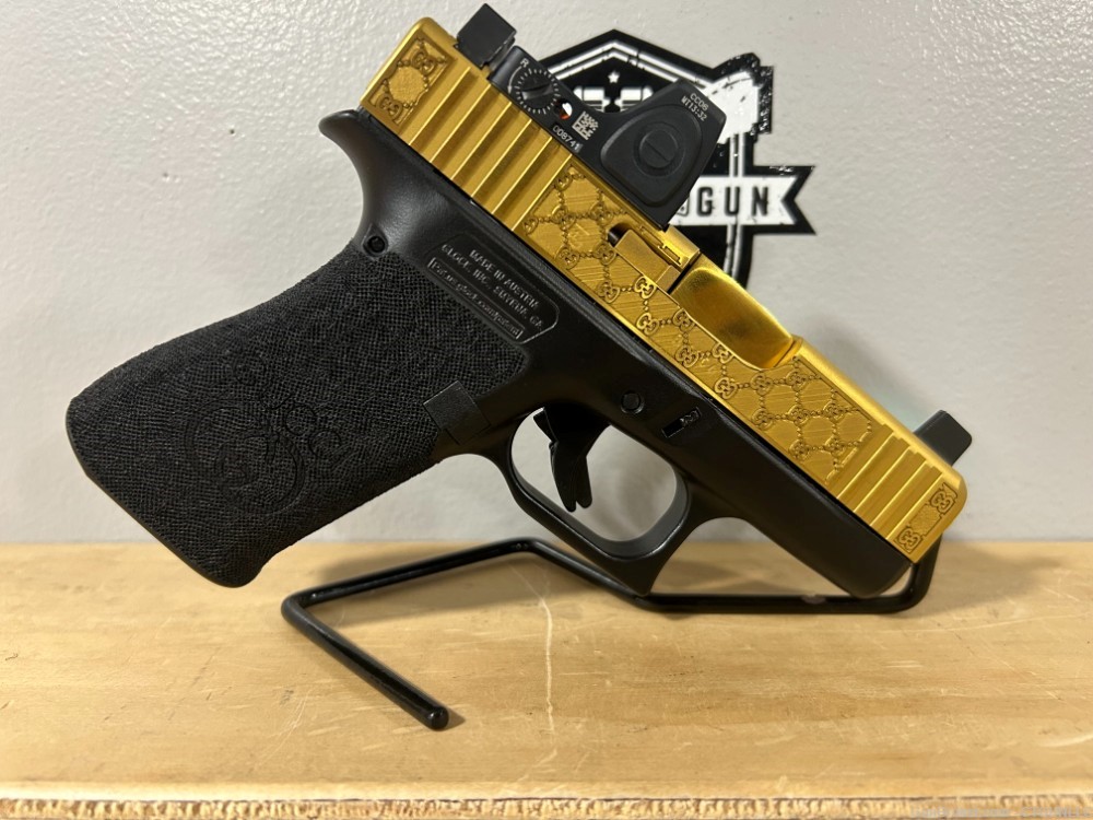 Glock 43x 9mm Custom Gucci Engraved and Gold Tin Coated -img-5