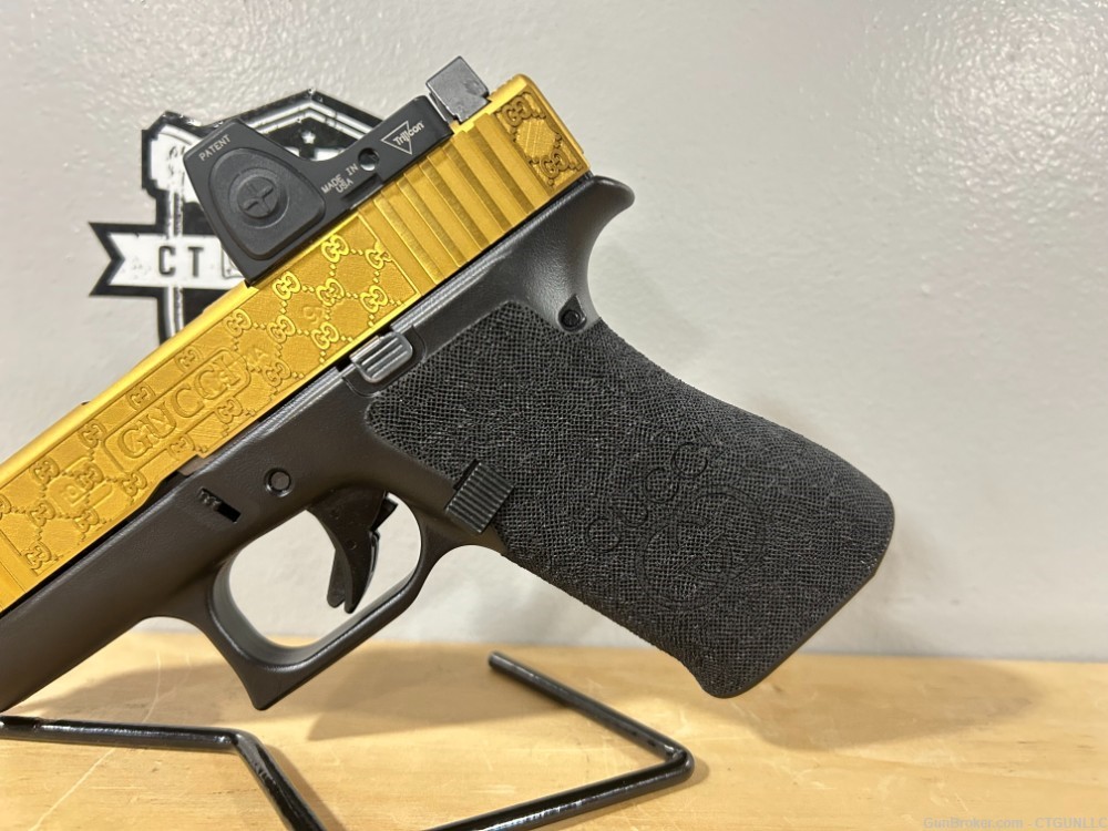 Glock 43x 9mm Custom Gucci Engraved and Gold Tin Coated -img-2