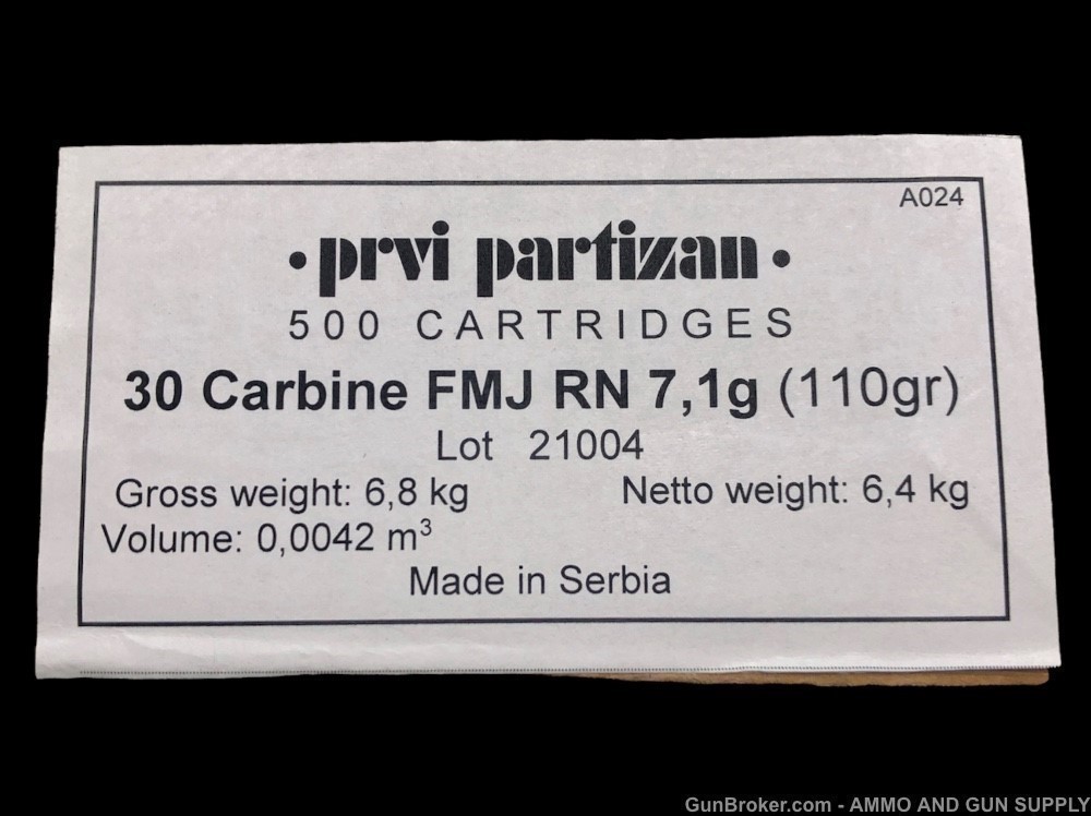 PRVI PARTIZAN PPU 30 CARBINE 110 GRAIN FMJ-RN - 500 RNDS -10 BX AMMUNITION-img-2
