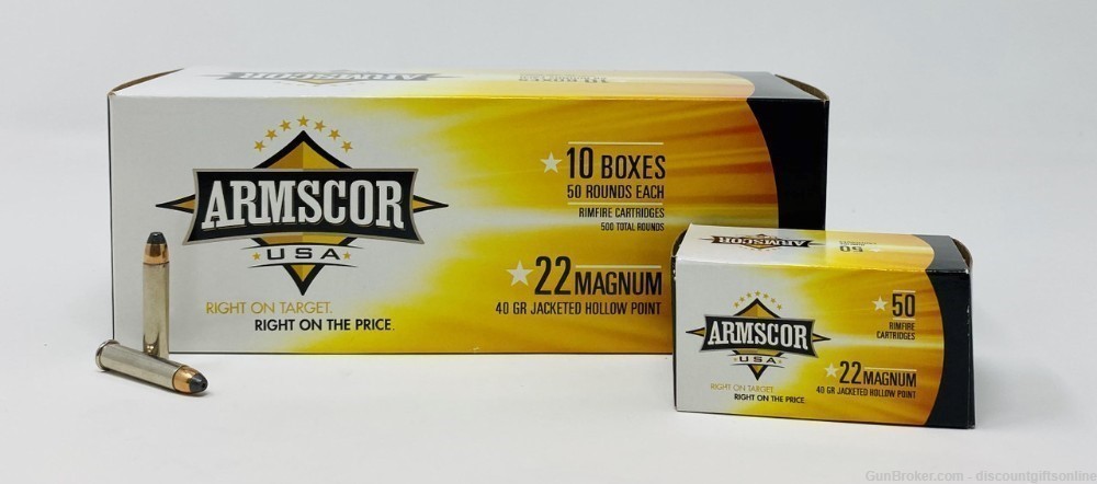 Armscor 22 WMR Ammunition 40 Grain Jacketed Hollow Point 100 Rounds-img-0