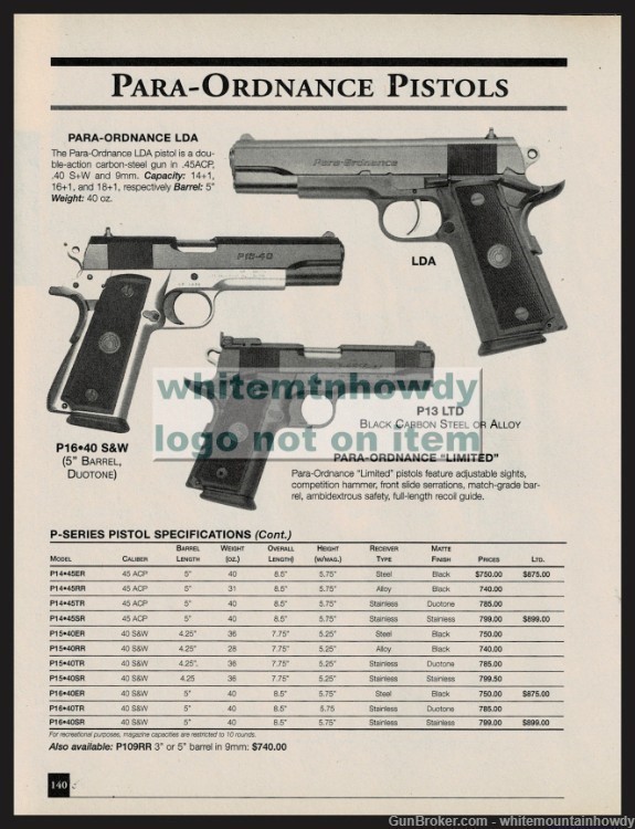 2001 PARA-ORDNANCE LDA, P16-40, P13 LTD Pistol PRINT AD-img-0