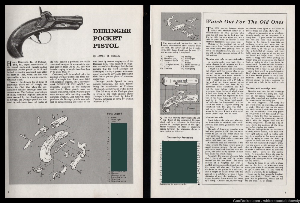 1972 DERINGER Derringer Pocket Pistol Exploded Parts List..Assembly Article-img-0