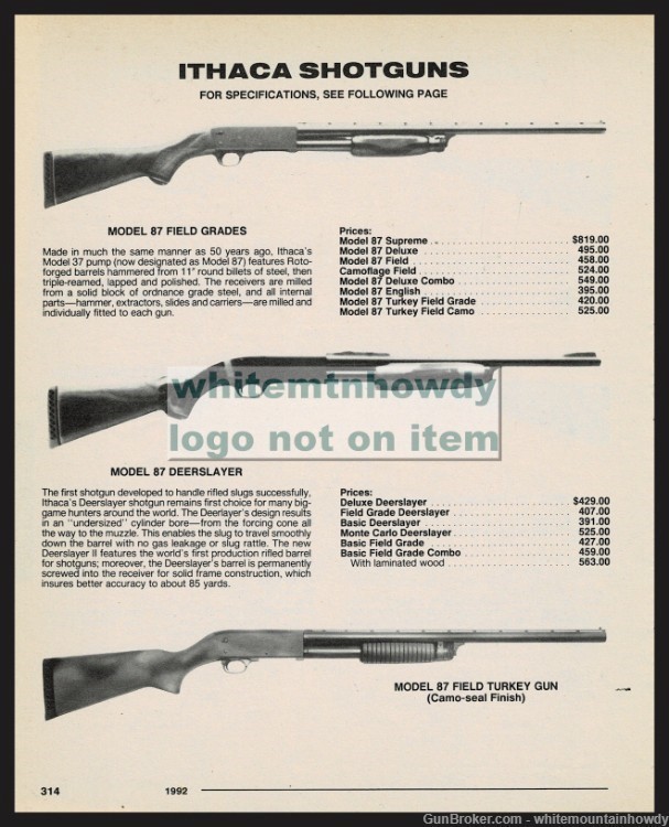 1992 ITHACA model 87Field Grade, Deerslayer, Turkey Gun Shotgun PRINT AD-img-0
