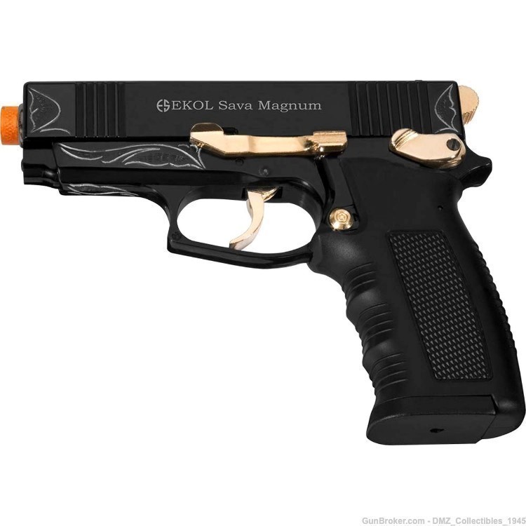 Sava Magnum 9mm Front Firing Semi Auto Black Gold Blank Gun Pistol-img-0
