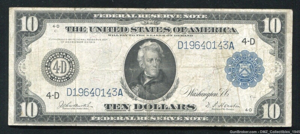 1914 $10 Federal Reserve Note Money Currency Andrew Jackson-img-0