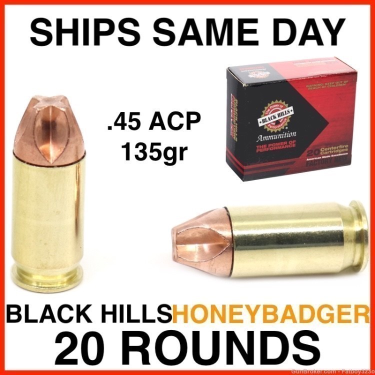 20 Rounds Black Hills HoneyBadger 45 ACP Auto 135 Gr Solid Copper Lead-Free-img-0