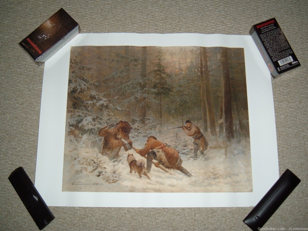 Vintage Print Russian Bear Hunting - Great Cabin or Man Cave Picture!-img-0