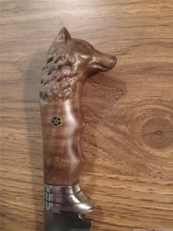 Engraved Hunting Knife W/ Wolf Head Handle, Leather Sheath & Velvet Box-img-4
