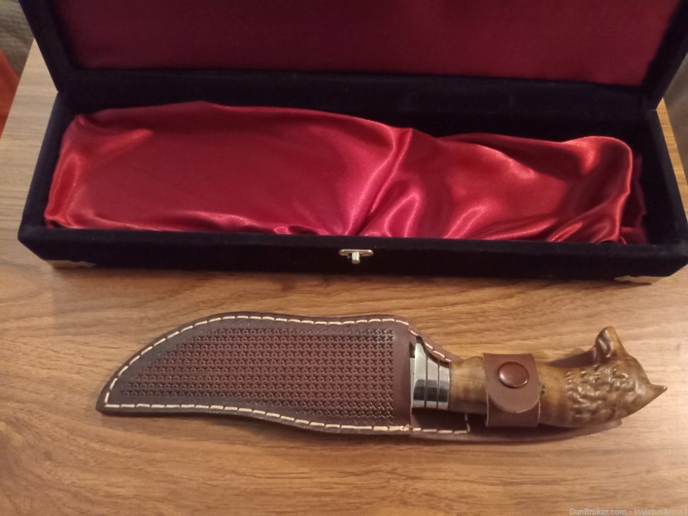 Engraved Hunting Knife W/ Wolf Head Handle, Leather Sheath & Velvet Box-img-2