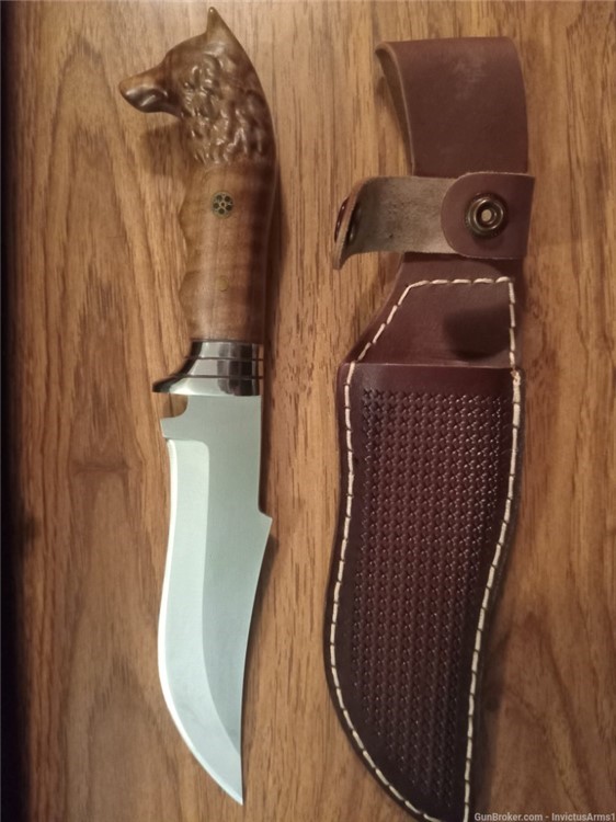 Engraved Hunting Knife W/ Wolf Head Handle, Leather Sheath & Velvet Box-img-6