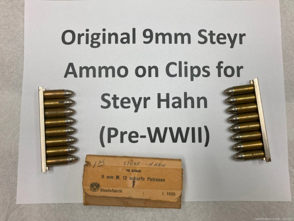 ORIGINAL Pre-WWII 9mm Steyr Hahn Ammo on Stripper Clips – 16 rds - RARE!-img-0