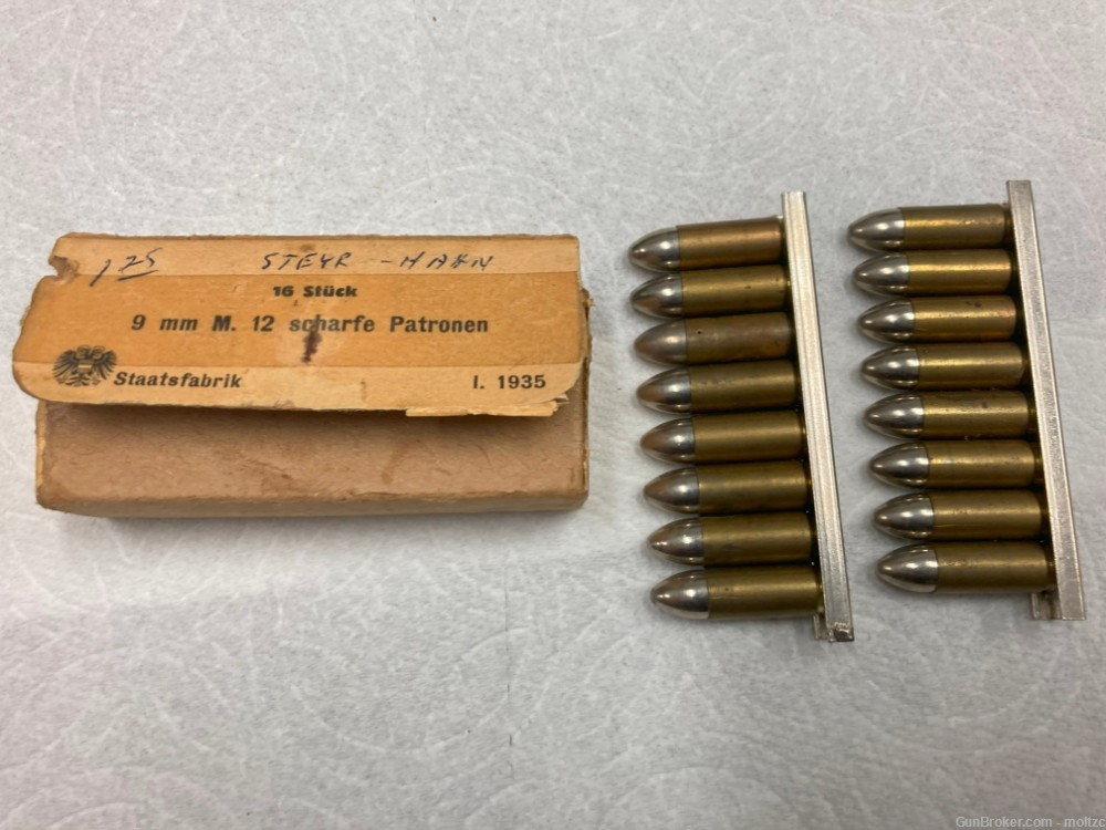 ORIGINAL Pre-WWII 9mm Steyr Hahn Ammo on Stripper Clips – 16 rds - RARE!-img-9