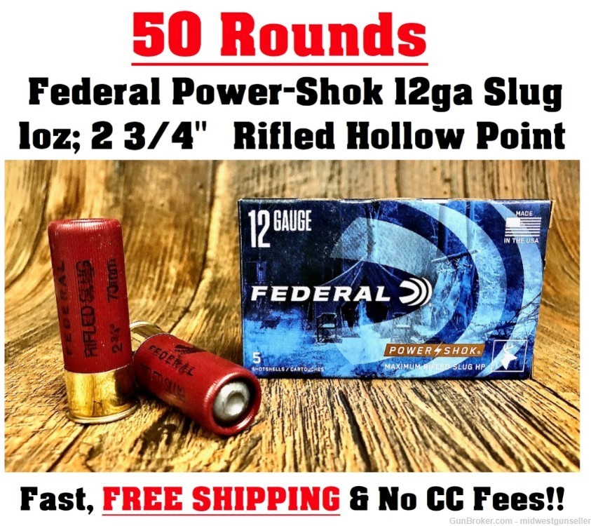 50 Rounds Federal Power-Shok Shock 12ga 2 3/4" 1oz Hollow Point Rifled Slug-img-0