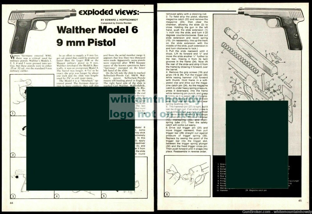 1979 WALTHER Model 6 9 mm Pistol Exploded View Parts List 2-pg Assembly Art-img-0