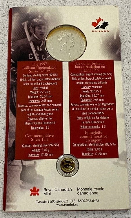 Beautiful 1997 Canadian Hockey Commemorative Silver Coin/Pin Set 1972-1997-img-1