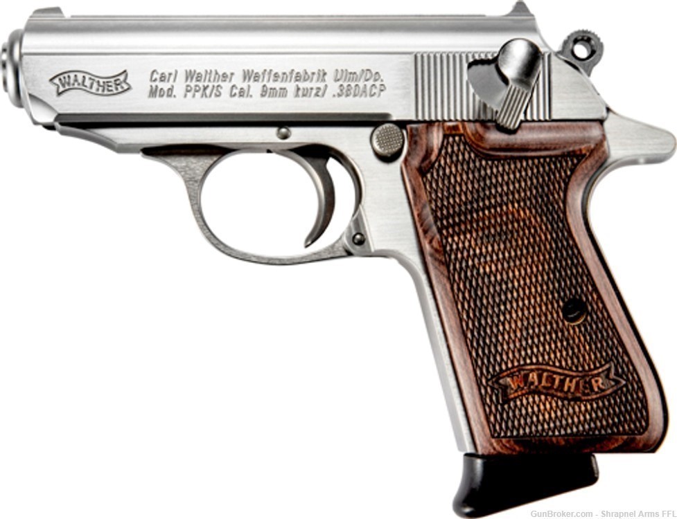 WALTHER PPK/S PPK S .380ACP Stainless 2-7 Rd Mags, WOOD GRIPS, New -img-2