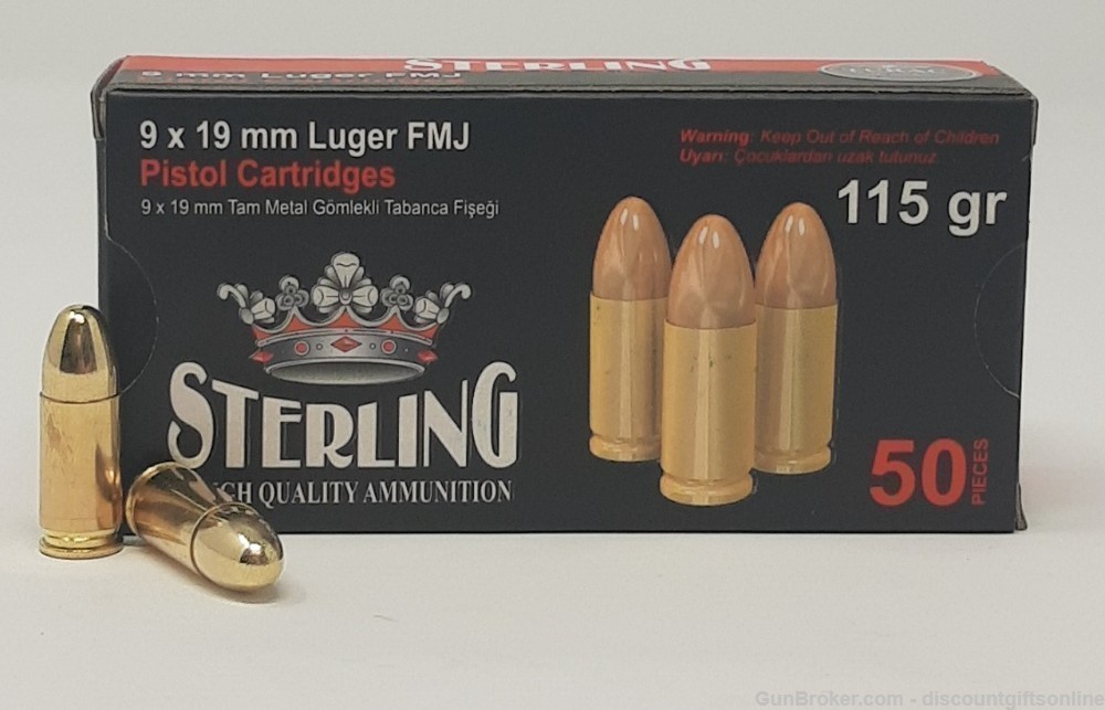 Sterling 9mm Luger Ammunition 115 Grain FMJ 100 Rounds PRICE REDUCTION -img-1