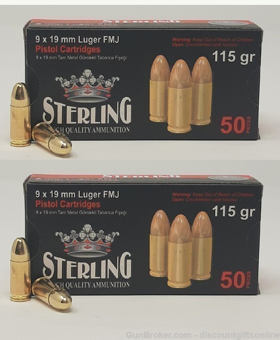 Sterling 9mm Luger Ammunition 115 Grain FMJ 100 Rounds PRICE REDUCTION -img-0