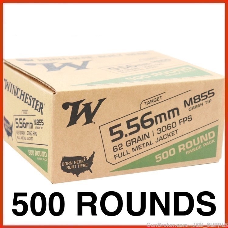 500 Rounds - Winchester 5.56mm M855 NATO Ammo 62 Grain Green Tip FMJ-img-1