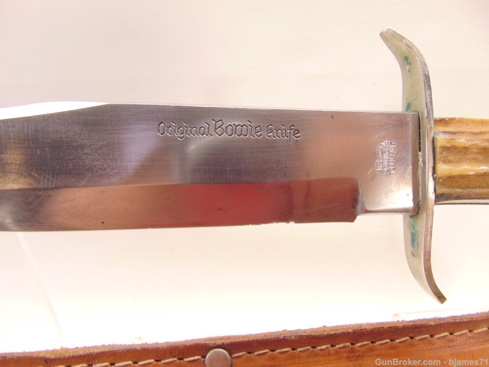 VINTAGE ORIGINAL BOWIE KNIFE 83X E.C. SOLINGEN GERMANY STAG HANDLE W/ SHEAT-img-3