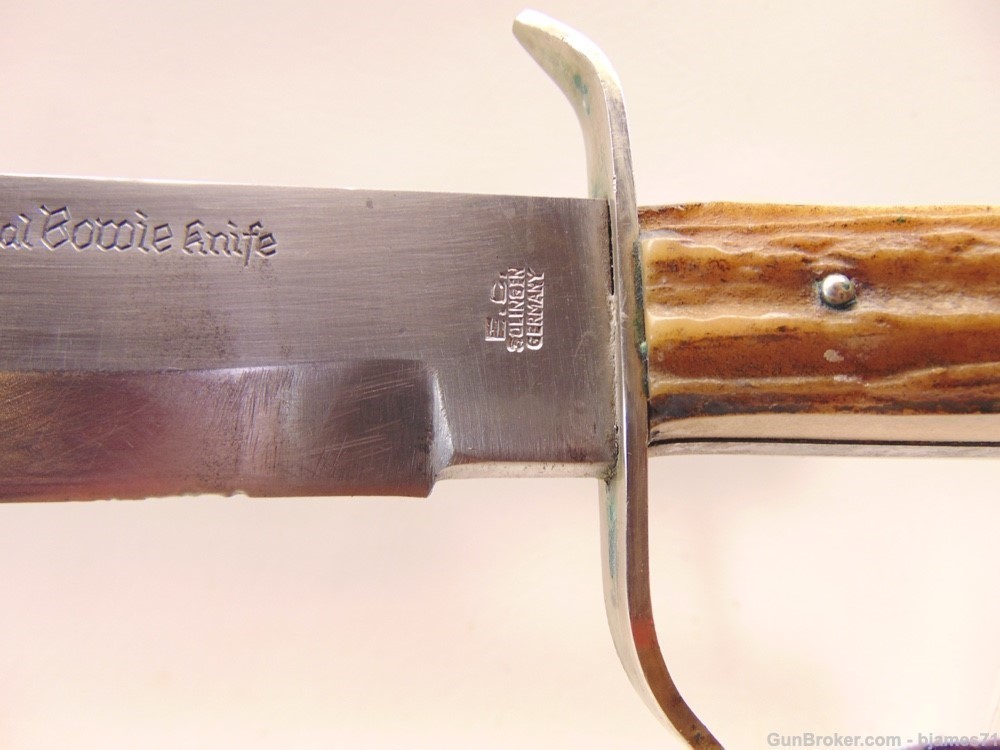 VINTAGE ORIGINAL BOWIE KNIFE 83X E.C. SOLINGEN GERMANY STAG HANDLE W/ SHEAT-img-4
