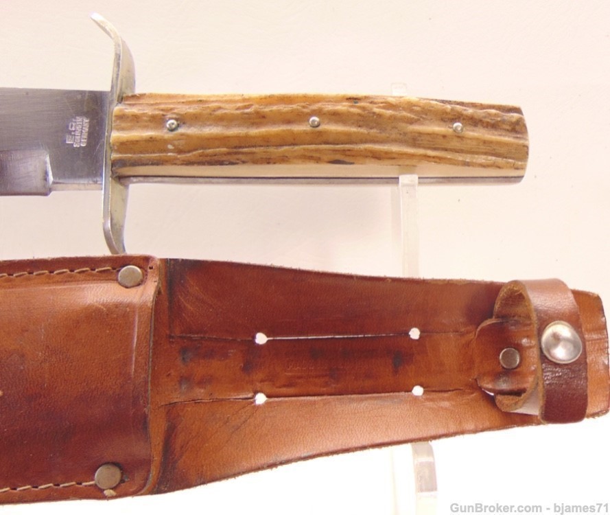 VINTAGE ORIGINAL BOWIE KNIFE 83X E.C. SOLINGEN GERMANY STAG HANDLE W/ SHEAT-img-2