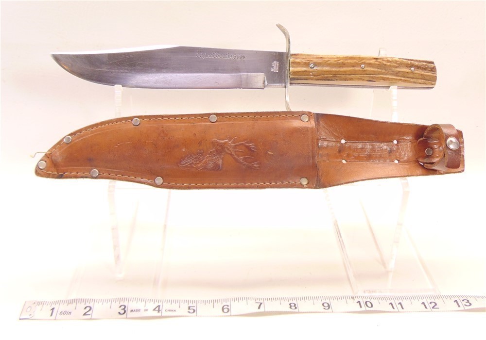 VINTAGE ORIGINAL BOWIE KNIFE 83X E.C. SOLINGEN GERMANY STAG HANDLE W/ SHEAT-img-0