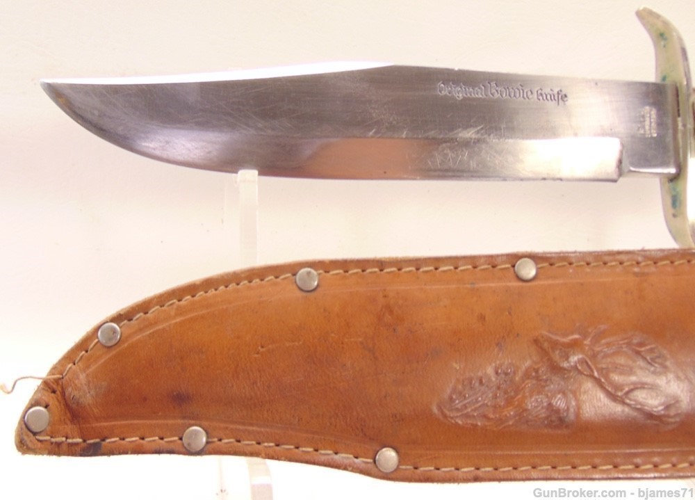 VINTAGE ORIGINAL BOWIE KNIFE 83X E.C. SOLINGEN GERMANY STAG HANDLE W/ SHEAT-img-1