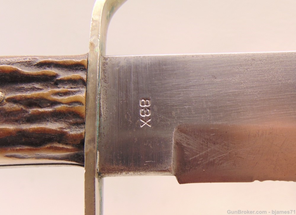 VINTAGE ORIGINAL BOWIE KNIFE 83X E.C. SOLINGEN GERMANY STAG HANDLE W/ SHEAT-img-12
