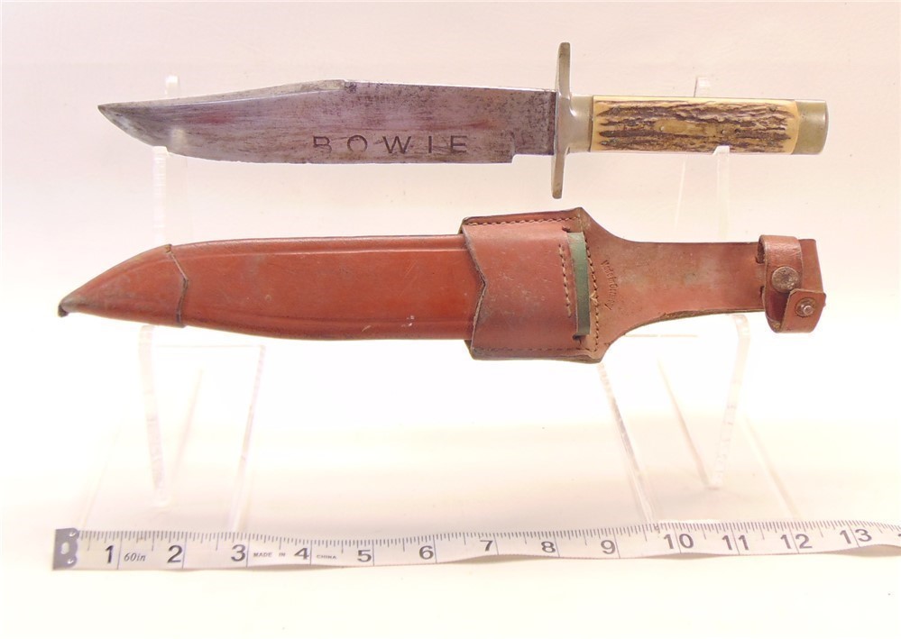 F. A. BOWER IMP CO. BOWIE KNIFE SOLINGEN, GERMANY 68 W/ SHEATH-img-0