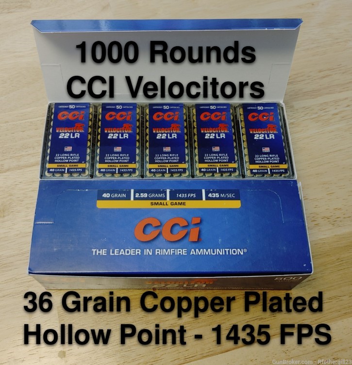 1000 - CCI Velocitor 22 Long Rifle 40gr Copper Plated Hollow Point 1435 FPS-img-0