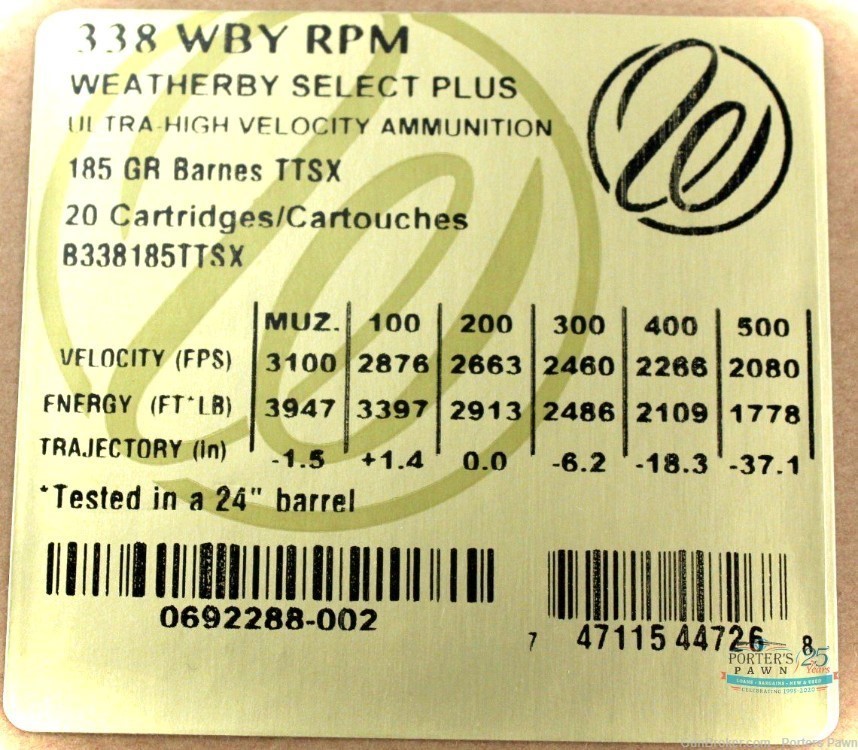 Weatherby Select Plus .338 Wby RPM 185 gr Barnes TTSX Ammo - 20 Rounds-img-0