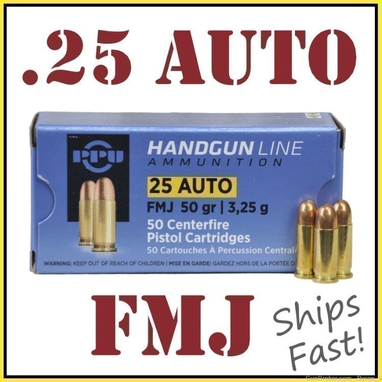 50rds PPU Handgun Line™ .25 Auto 50gr FMJ 6.5mm target ACP + FAST SHIP-img-0