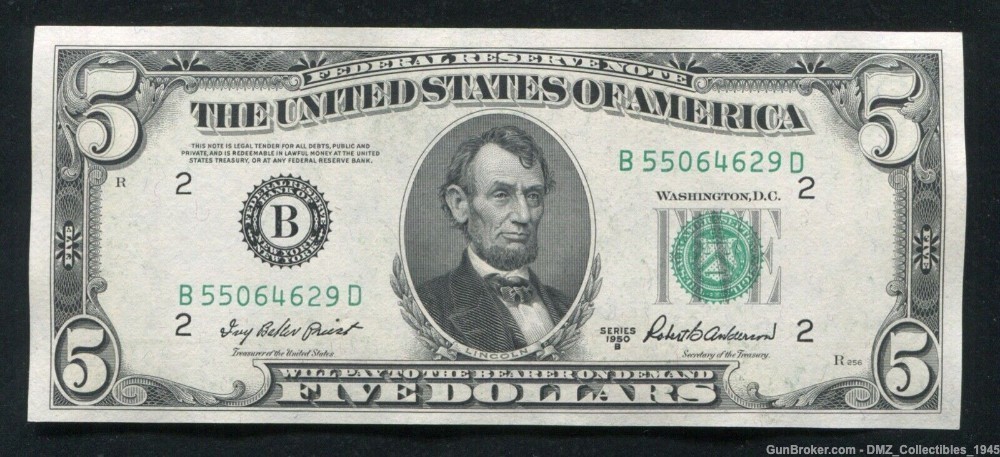 1950 $5 Federal Reserve Note Money Currency w/ Abraham Lincoln-img-0