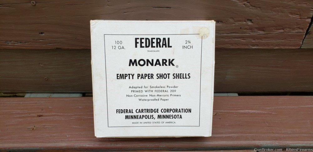 Box of 100, Empty, Federal Monarch 12 Ga, Paper Shot Shells, Primed, NOS-img-0
