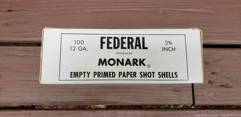 Box of 100, Empty, Federal Monarch 12 Ga, Paper Shot Shells, Primed, NOS-img-1
