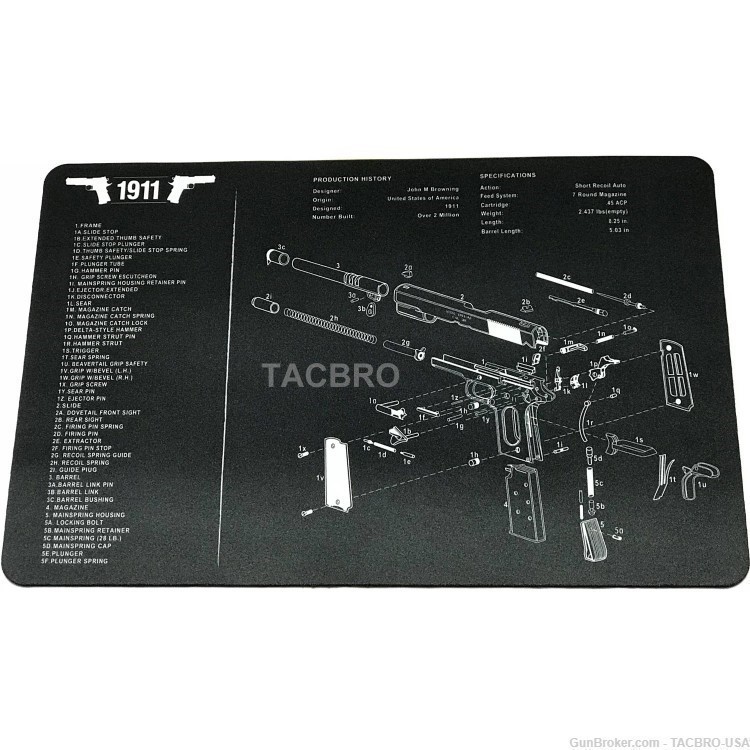 TACBRO 1911 PISTOL NON-SLIP WORKBENCH CLEANING MAT WITH PARTS LIST 11x17-img-0