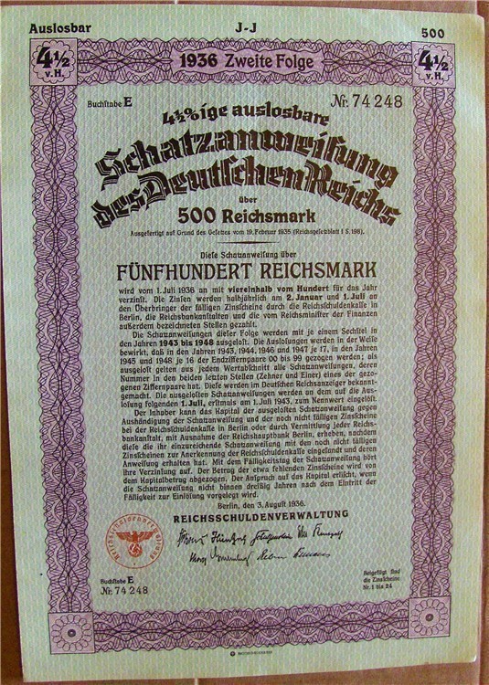 German WWII Treasury Loan 500 Reichsmarks 1936 uncancelled-img-0