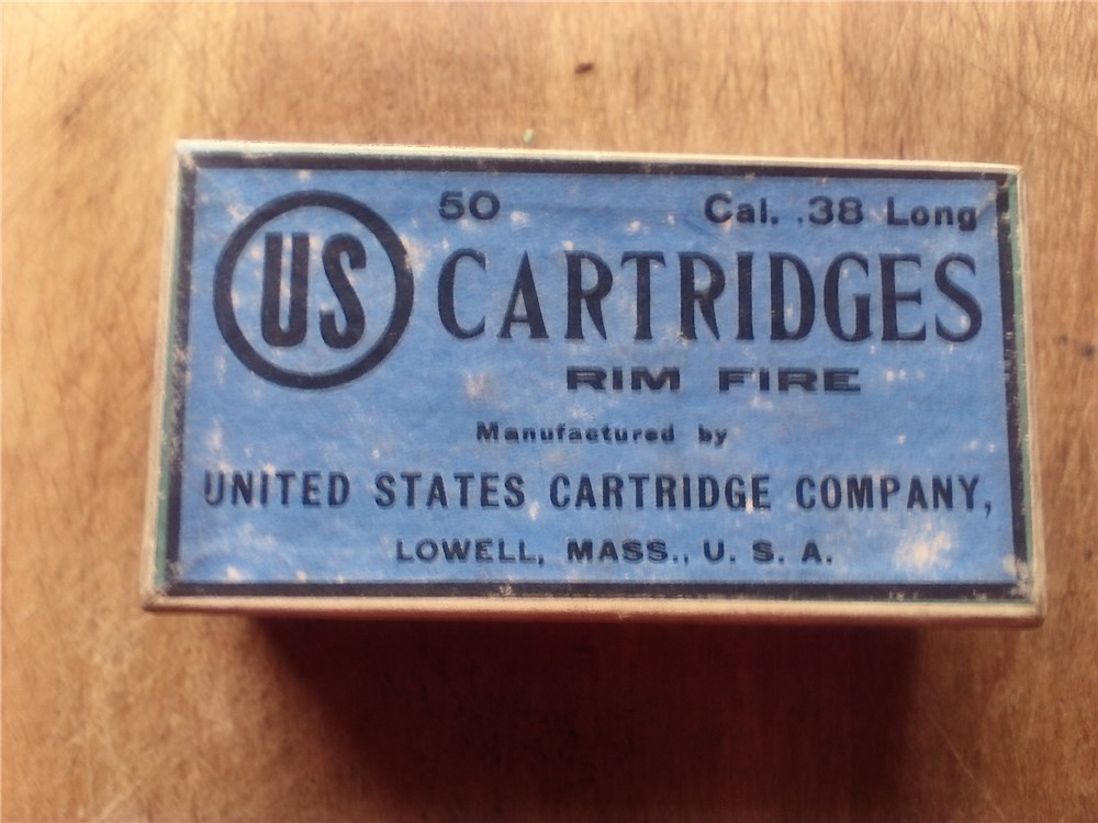 VINTAGE 2 PC. BOX US CARTRIDGE CO. 38 LONG RIMFIRE AMMO-SEALED-img-0