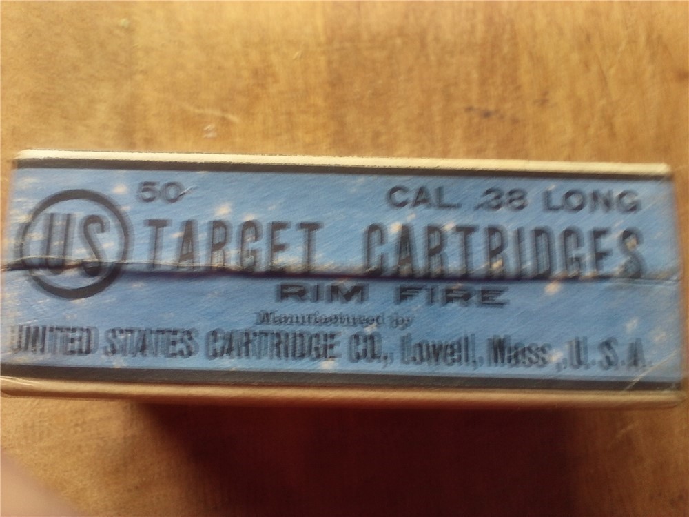 VINTAGE 2 PC. BOX US CARTRIDGE CO. 38 LONG RIMFIRE AMMO-SEALED-img-2