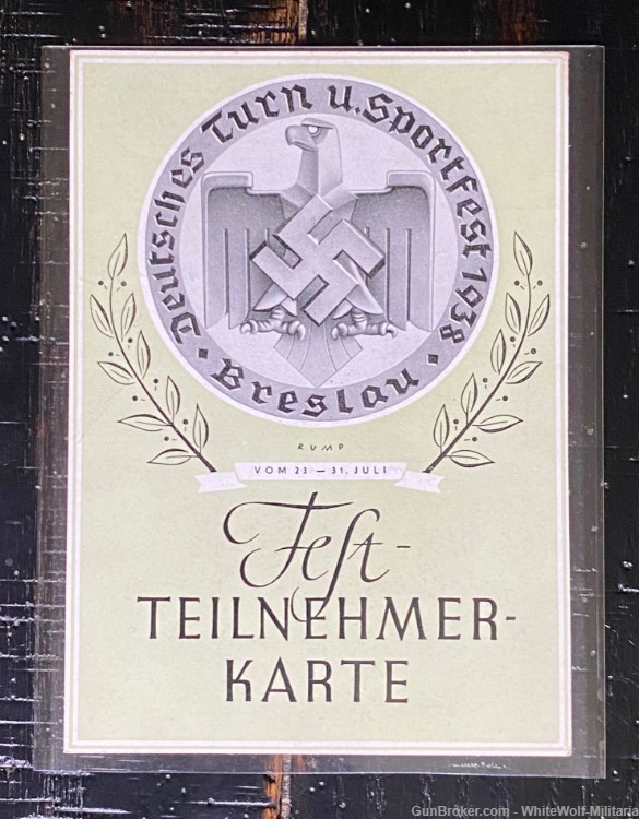 GERMAN WWII DEUTSCHES TURN & SPORTFEST BADGE BRESLAU 1938 H. AURICH w/ CARD-img-6
